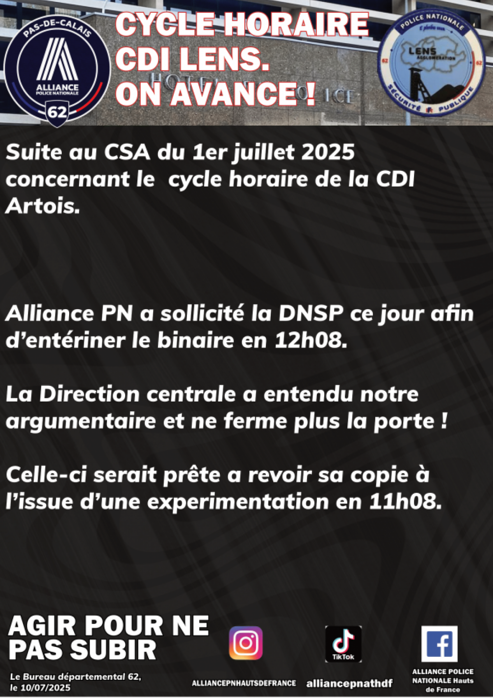 CDI ARTOIS : CYCLES HORAIRES, ON AVANCE...