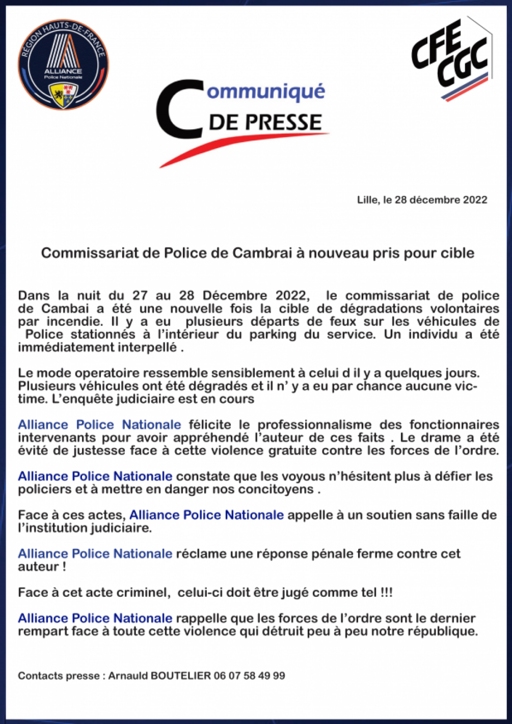 CSP CAMBRAI : COMMISSARIAT A NOUVEAU PRIS POUR CIBLE !!